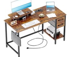 Computer Desk with Drawers & Power Outlets, 100 cm Office Desk with Storage Monitor Stand, Reversible Small Desks for Home Office Bedroom Brown