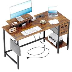 Computer Desk with Drawers & Power Outlets, 100 cm Office Desk with Storage Monitor Stand, Reversible Small Desks for Home Office Bedroom Brown