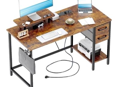 Computer Desk with Drawers & Power Outlets, 100 cm Office Desk with Storage Monitor Stand, Reversible Small Desks for Home Office Bedroom Brown
