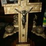 Antique Gold Spelter Christ on Cream Art Deco Pearlised Crucifix 14" x 7" Image 6