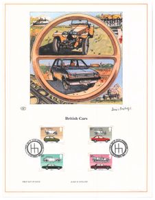 1982 Great Britain Limited Edition Lithographed Print measuring 333mm X 257mm showing British Cars Commemorative stamps with First Day of Issue Cancel