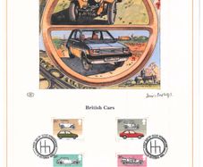 1982 Great Britain Limited Edition Lithographed Print measuring 333mm X 257mm showing British Cars Commemorative stamps with First Day of Issue Cancel