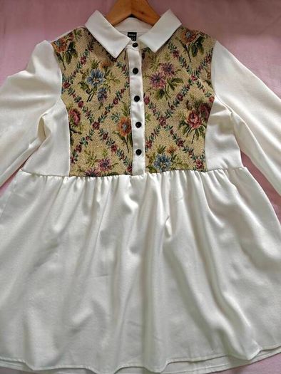 Floral long sleeve blouse for women, elegant bottoned neck, casual wear, white,