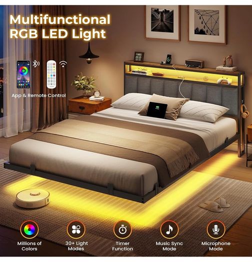 Double Bed Frame 135x190 cm with Floating Visual Effect, 4ft6 Metal Bed Frame with Adjustable LED Lighting and Charging Station, Double Bed with Headboard, Dark Grey (Mattress Not Included)