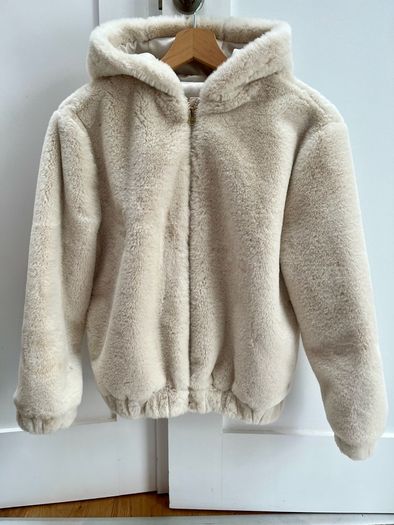 Girls faux fur jacket hooded coat ecru size 10/11 yo