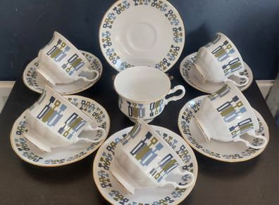 Fabulous Vintage China Set of Six Duos by Royal Kent Bone China in a Cool Vintage Retro Abstract 70s Pattern
