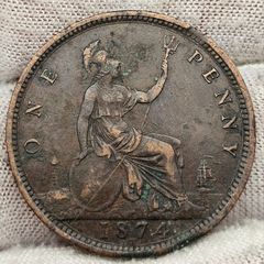 Great Britain 1874 H Penny Coin Queen Victoria Heaton Mint