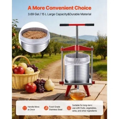 Fruit Wine Press, 3.96Gal/15L, Stainless Steel Manual Juice Maker, Heavy Duty T-Shaped Handle & Cross-beam for Cider Apple Grape Vegetable Press, with 2 Filter Bags, for Kitchen Home Brewing