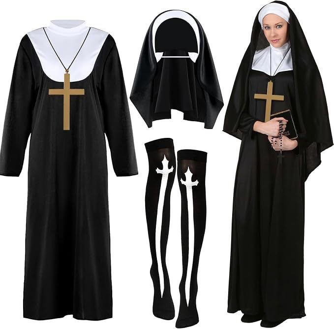 Nun Costume Set for Women, Nun Outfit Fancy Dress with Black Dress Headpiece Socks Cross Necklace for Haloween Carnival Cosplay Party Dress Up