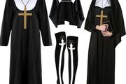 Nun Costume Set for Women, Nun Outfit Fancy Dress with Black Dress Headpiece Socks Cross Necklace for Haloween Carnival Cosplay Party Dress Up
