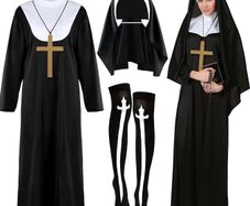 Nun Costume Set for Women, Nun Outfit Fancy Dress with Black Dress Headpiece Socks Cross Necklace for Haloween Carnival Cosplay Party Dress Up