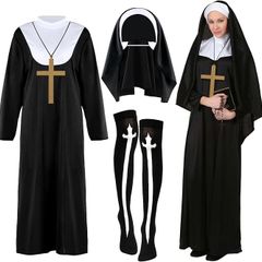 Nun Costume Set for Women, Nun Outfit Fancy Dress with Black Dress Headpiece Socks Cross Necklace for Haloween Carnival Cosplay Party Dress Up