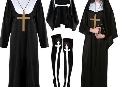 Nun Costume Set for Women, Nun Outfit Fancy Dress with Black Dress Headpiece Socks Cross Necklace for Haloween Carnival Cosplay Party Dress Up