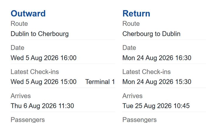 Irish Ferry Tickets Dublin - Cherbourg August 2026