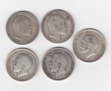 G.B. 5 x Half Crowns, 2/6, 5 x 92.5% Silver Coins ( no.450)