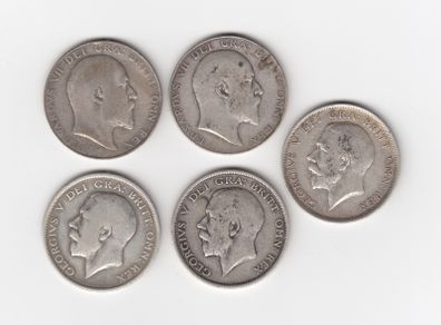 G.B. 5 x Half Crowns, 2/6, 5 x 92.5% Silver Coins ( no.450)