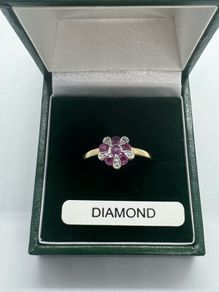 9ct gold natural ruby & diamond cluster ring
