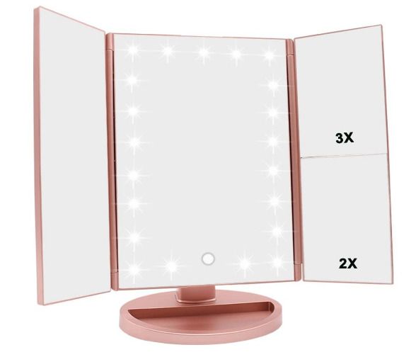 Illuminated Makeup Mirror, Trifold Vanity Mirror with 1X / 2X / 3X Magnification, Natural Looking LEDs, Touch Screen, Rechargeable Mirror