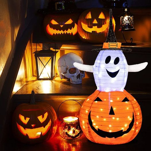 Halloween Pumpkin decorations Light, Foldable Ghost Pumpkin Halloween Decorations Outdoor with 8 Light Modes, Battery Operated Jack O Lantern for Yard Holiday Party Decor
