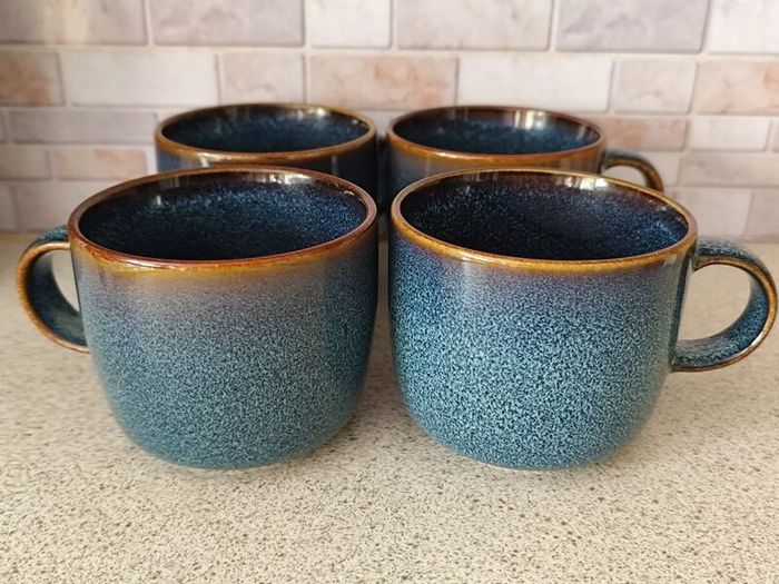 Set of 4 IKEA GLADELIG Mugs Deep Blue  Earthy Gold
