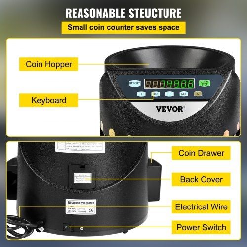 Euro Coin Counter Sorter 500-1000 Coins Electronic Automatic EUR Coin Counting Machine 300 Coins Per Minute with 8 Coin Drawers for School Shop Bank