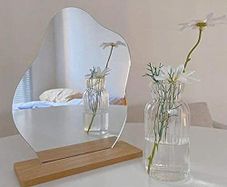 Acrylic Makeup Mirror Frameless Decorative Vanity Table Mirror Makeup Irregular Shape with Wooden Base for Bedroom,Living Room and Minimal Spaces Room Decor (A)