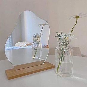 Acrylic Makeup Mirror Frameless Decorative Vanity Table Mirror Makeup Irregular Shape with Wooden Base for Bedroom,Living Room and Minimal Spaces Room Decor (A)