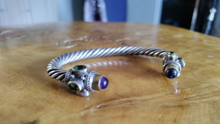 Bracelet Beautiful Silver Torque Bangle Cuff with Amethyst and peridot