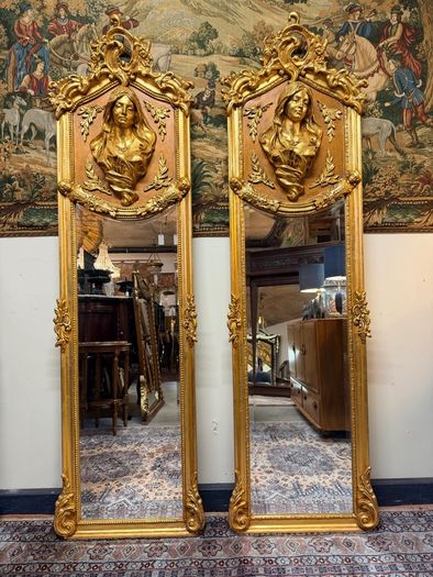 Pair of French Giltwood & Plaster Louis XVI Style Figural Beveled Mirrors