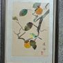 Vintage East Asian Silk Handpainted Picture Vintage East Asian Handpainted bird on a branch of green leaves and red berries.  Displays red stamp of artist. Framed by Mulvany Bros of Dublin prob mid to late 20th century.  Moisture stains as shown in pics M Image 2