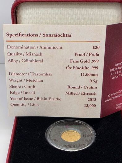 Ireland 2012 Gold Proof 20 Euro Book of Kells Celebrating Irish Monastic Art Coin in Original Holder with COA