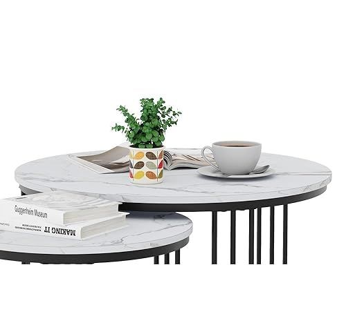 Round Coffee Tables, Set of 2 End Table, Nesting Tables, Side Table with Metal Frame for Living Room/Bedroom/Balcony/Office/Apartment, Diameter 23.6/15.7 IN (Black Frame, White Marble Finish Top)