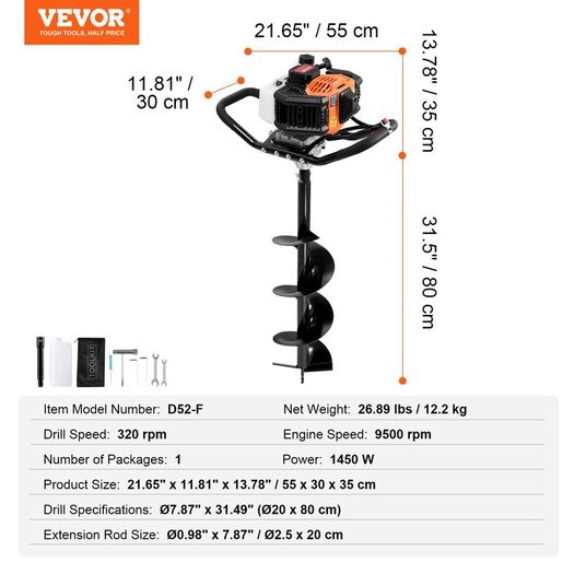 52cc Petrol Post Hole Digger 8in Auger