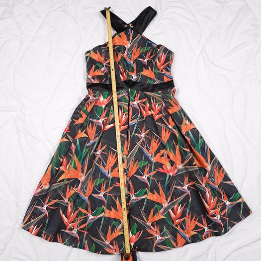 Karen Millen Black Orange Bird of Paradise Floral Halter Neck Fit and Flare Dress 14UK/42EU