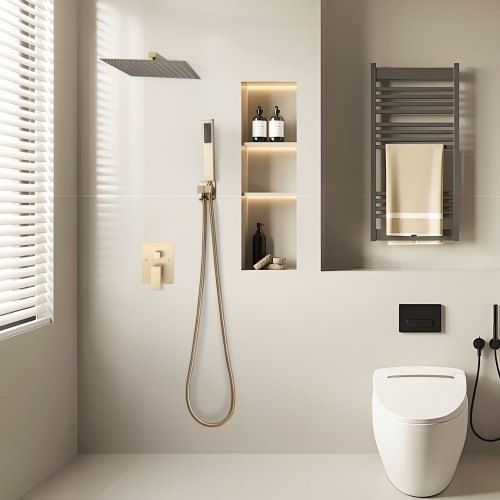 Shower Faucet Set, Rainfall Bathroom Shower System with 10-Inch (25.4cm) Square Rain Shower Head and Handheld Spray, Wall Mounted Bath Fixtures with Brass Valve and Trim Kit, Brushed Gold