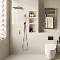Shower Faucet Set, Rainfall Bathroom Shower System with 10-Inch (25.4cm) Square Rain Shower Head and Handheld Spray, Wall Mounted Bath Fixtures with Brass Valve and Trim Kit, Brushed Gold