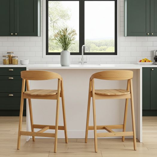 Nordic Oak Embrace Bar Stool with Curved Backrest and Armrests