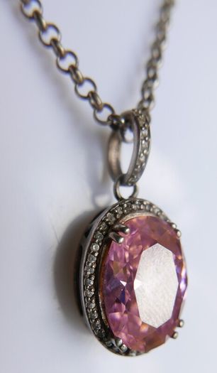 Vintage Sterling Silver 925 PINK OVAL CRYSTAL PENDANT NECKLACE Pea Chain traditional necklace length 20" - 14,8g