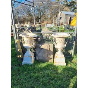 Cast Iron Urns on Pedestals  Pair  Medium  H321