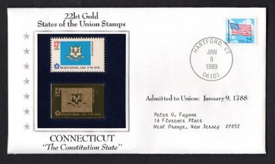 1988 USA Connecticut "Centennial State" 22kt Gold Replica of the 1976 United States Flag Stamps showing 25c US flag definitive tied Hartford, Connecticut (state capital) illustrated cover