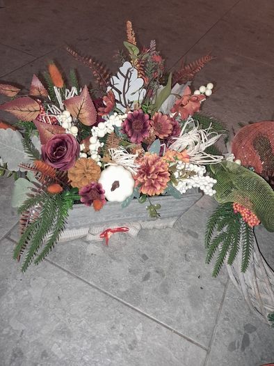 Door Wreath ( Giant- sized) and floral arrangement.