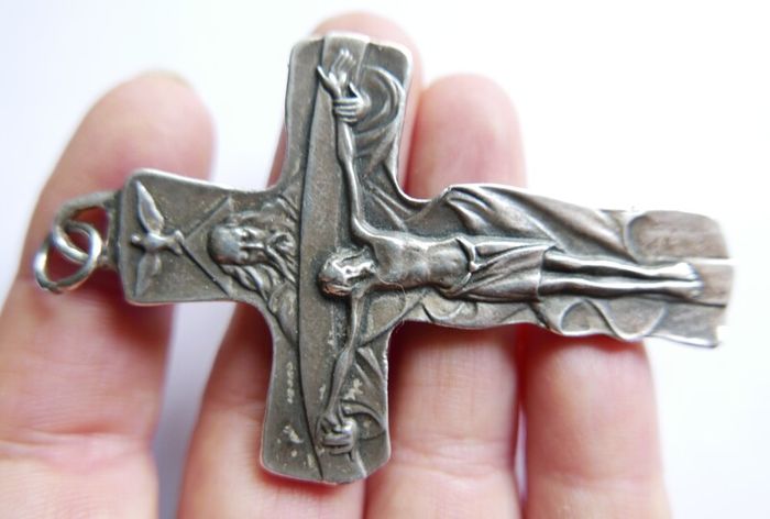Vintage Holy Trinity Crucifix in silvered brass 14 x 9 cm
