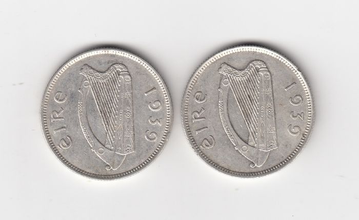 Ireland, 2 x 1939 Florin, 2/-, 75% Silver Coins, coins seem to be cleaned (No: 454)