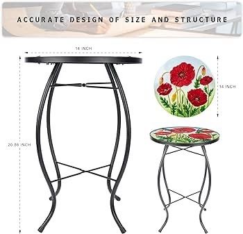 FREE P&P | Outdoor Side Table - Small Mosaic Patio Table, Poppy 14 Inch Accent Round Side Table Glass Plant Stand for Garden Patio Living Room