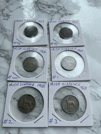 Irish sixpences x 6. 1 euro each or 5 euro for the 6. Dates below