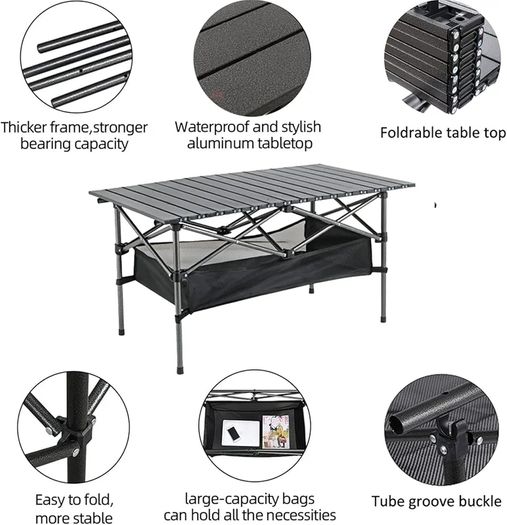 Camping Table, Alloy Steel Roll-up Picnic Table with Large Storage and Carrying Bag for Outdoor Picnic, Camping, BBQ, Party, Backyard, Beach (table/95x55x60cm)