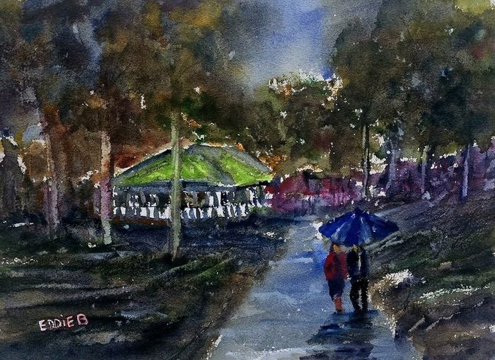 Stephen's green rainy walk watercolour