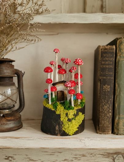 Handcrafted tiny wooden mushrooms