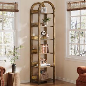 6 Tier Slim Bookcase 71 Inch Tall Arched Bookcase with Shelves for Small Space Narrow Display Shelf Wood Open Storage Shelf