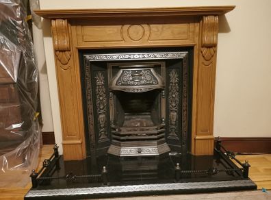 Fireplace, mantle piece, fender, and granite hearth